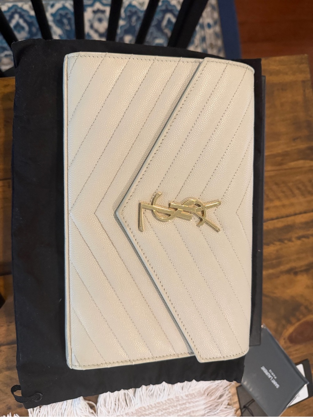 Saint Laurent Cassandra Cream Quilted Chevron with Gold Logo